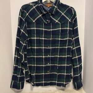 JACHS GIRLFRIEND BLUE GREEN PLAID FLANNEL SNAP CLOSURE LONG SLEEVE SIZE LARGE